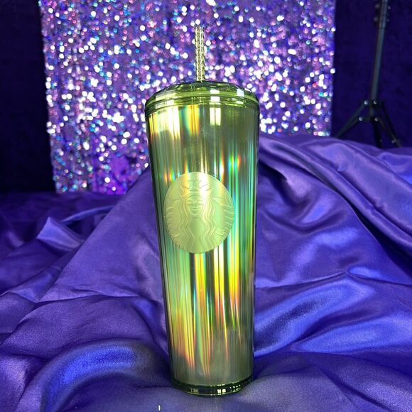 Starbucks Venti 24oz Cold Cup Summer 2023 Tumbler Neon Green Iridescent Dome Lid - Picture 2 of 6
